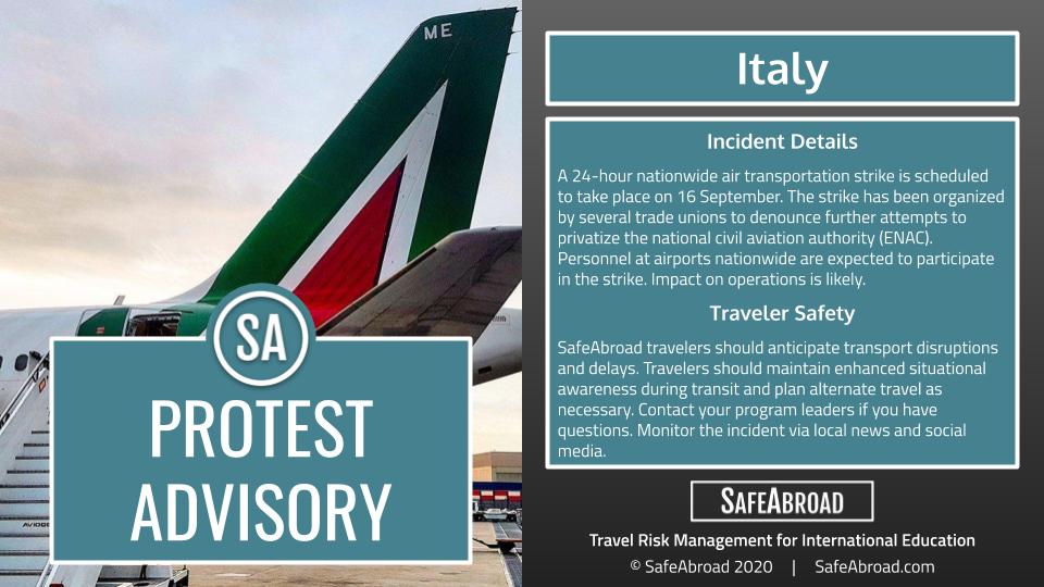 Nationwide Airport Strikes to Take Place in Italy on September 16
