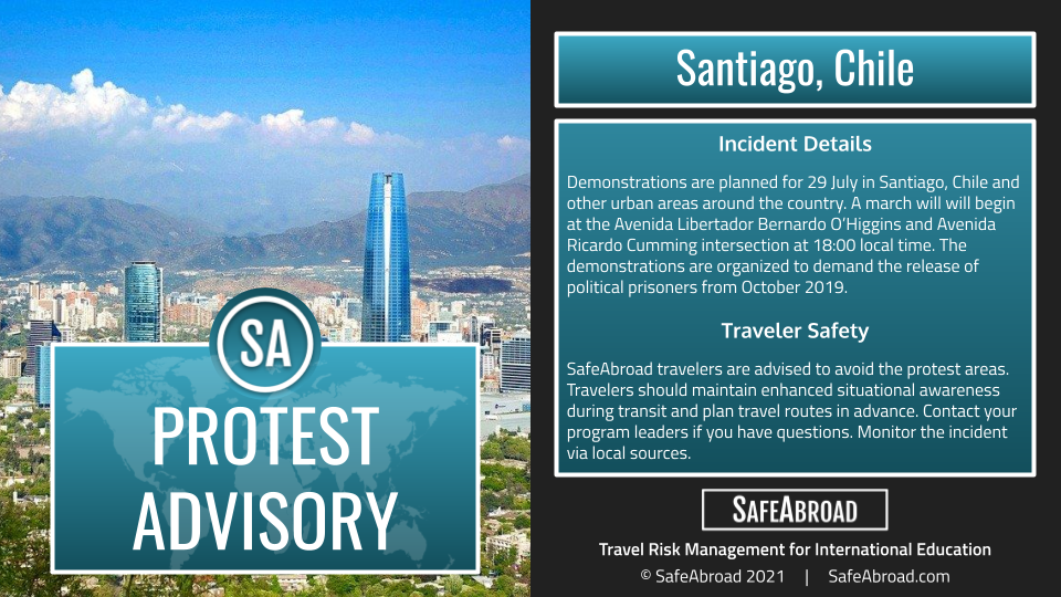 Demonstrations Santiago, Chile for July 29 - SafeAbroad