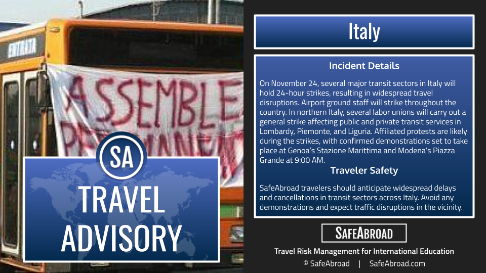 On November 24, several major transit sectors in Italy will hold 24