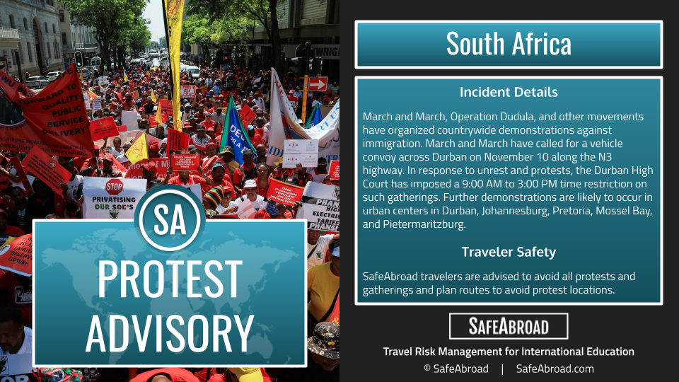 Anti-immigration protests planned in South Africa’s urban centers on November 10, causing major travel disruptions. Anti-immigration protests planned in South Africa’s urban centers on November 10, causing major travel disruptions.
